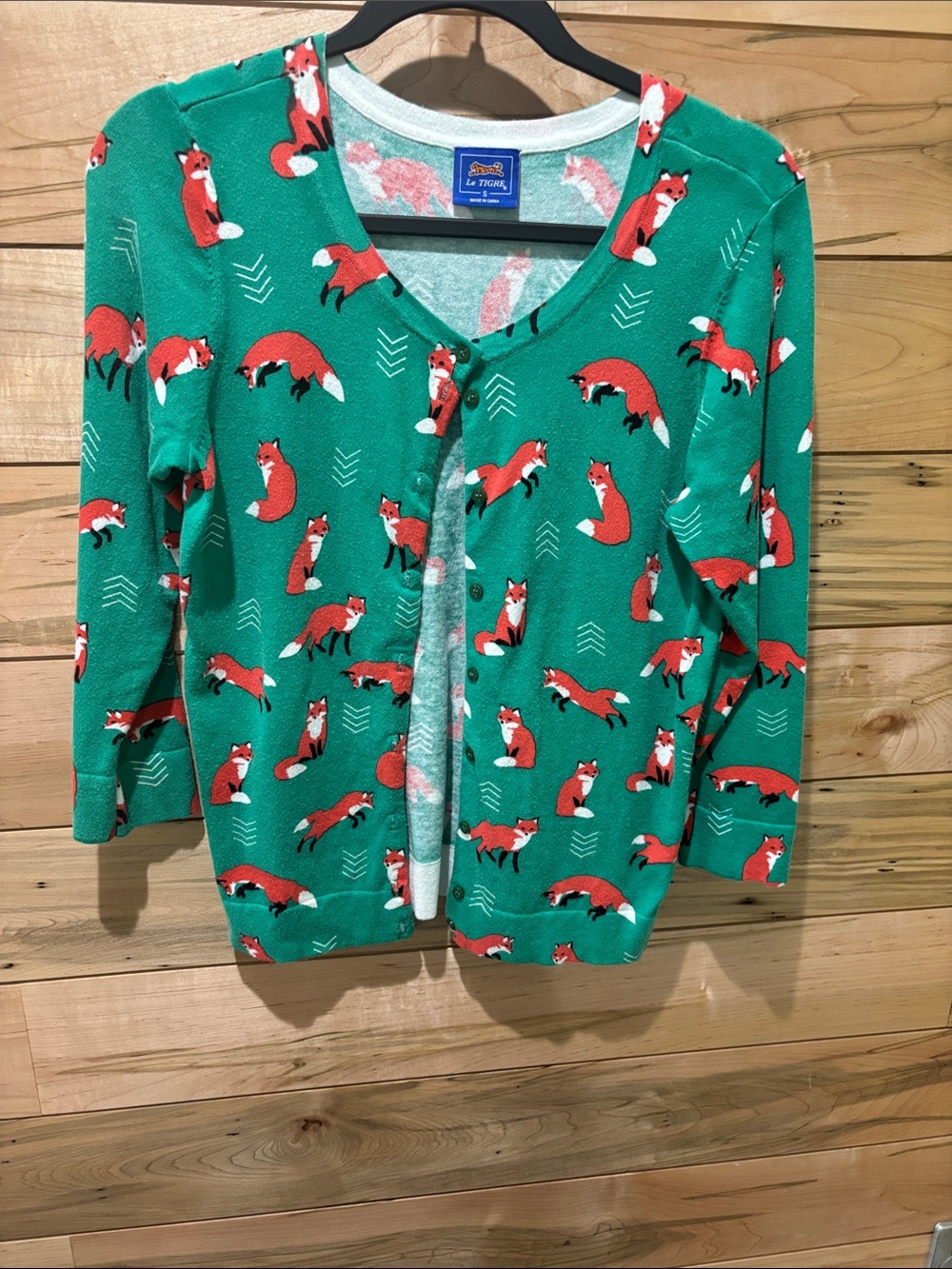 Le Tigre Green Cardigan with Orange Fox Pattern